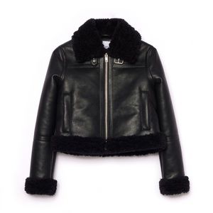 Stand Studio Black Leather Sherpa Shearling Faux Fur Cropped Jacket Coat Size 38